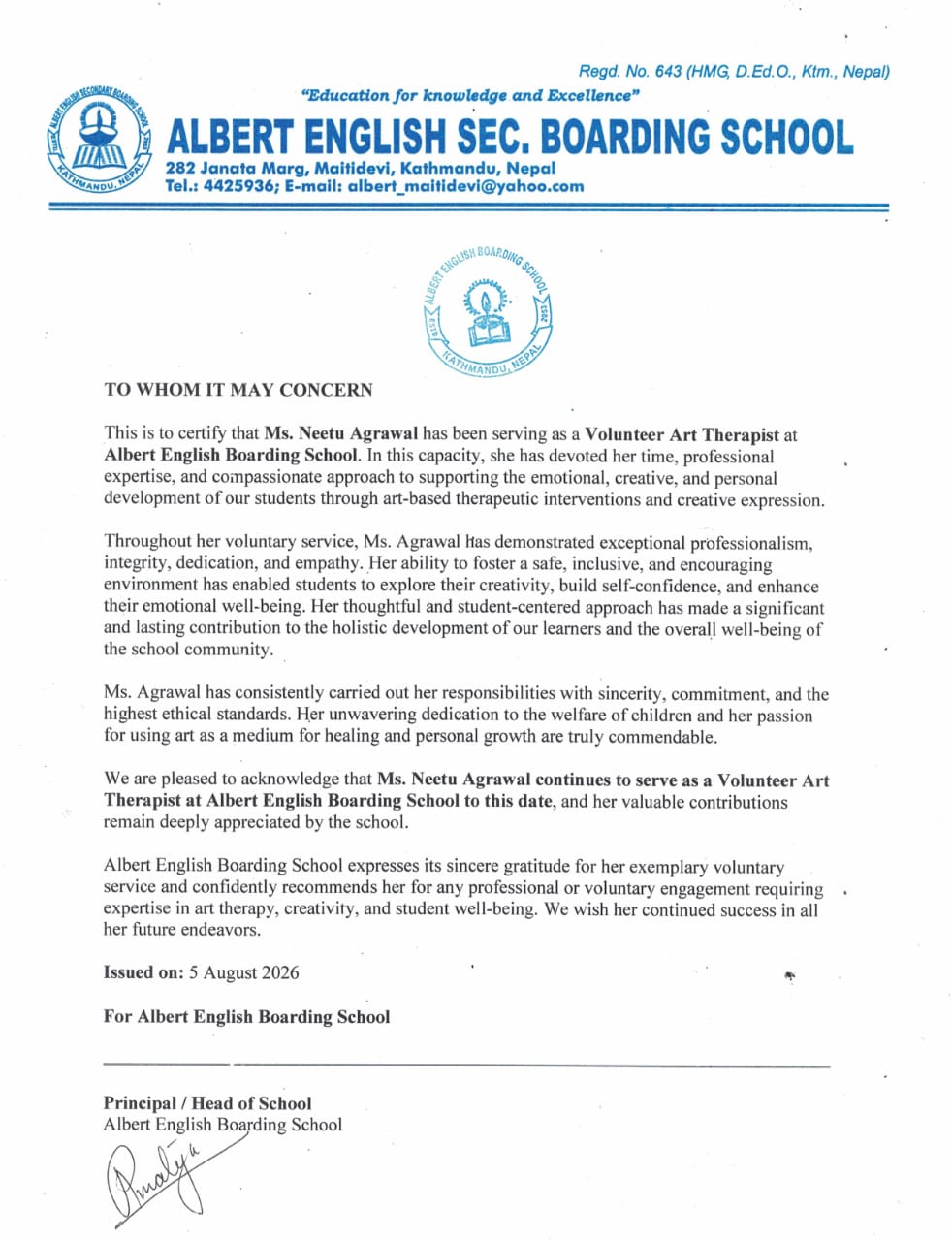 Letter from Albert English Boarding School, Kathmandu, recognising volunteer art therapy service