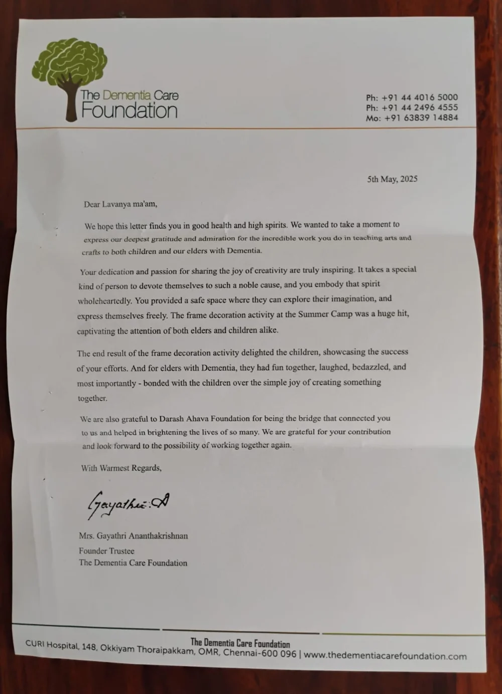 Letter of recognition from The Dementia Care Foundation, Chennai